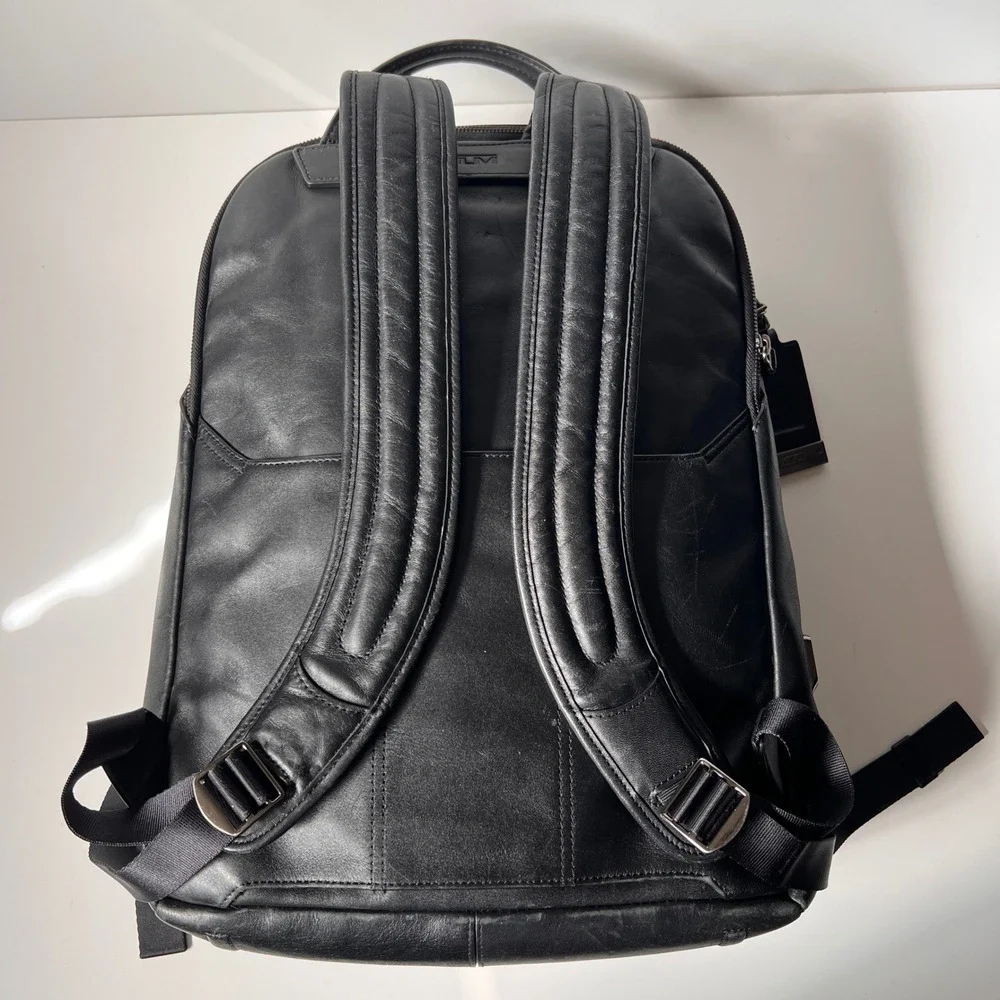 Tumi Morley Backpack Carbon Fiber Black Leather Buckle Laptop Travel Bag